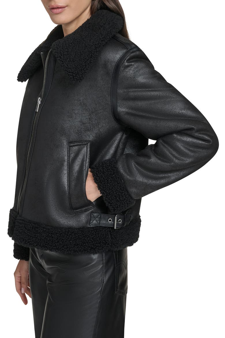 Faux Leather & Faux Shearling Bomber Jacket, Alternate, color, BLACK