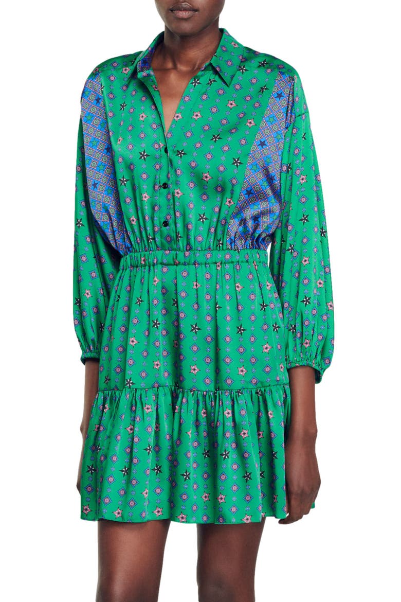 Edena Mixed Print Satin Shirtdress, Alternate, color, GREEN / PINK