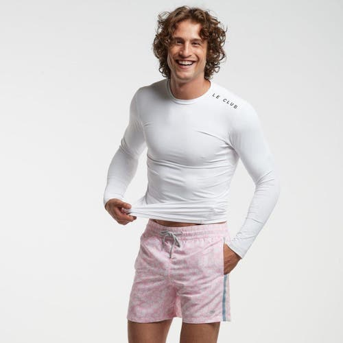 Le Club Resortwear Eco-Friendly 7" Le Club Men's Swim Trunks for Ultimate Comfort in Pink With White Leaves at Nordstrom, Size Xx-Large