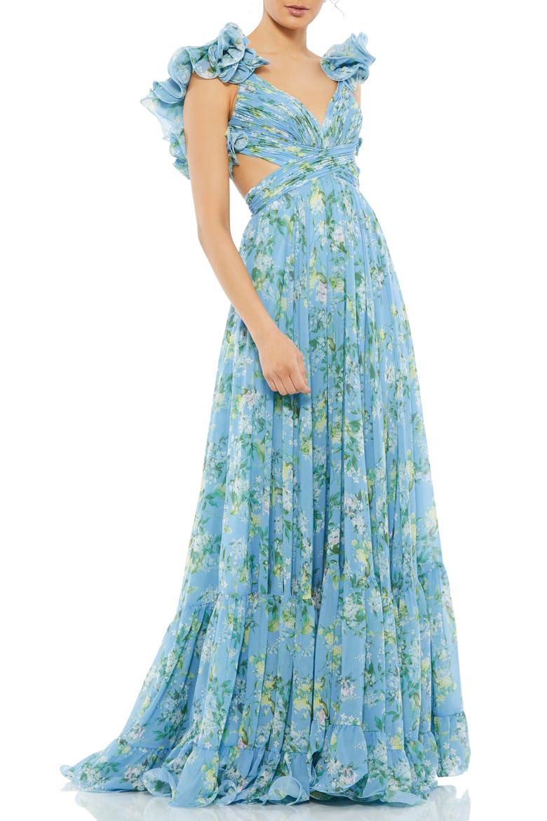 Ruffle Tiered Floral Cut-Out Chiffon Gown, Main, color, BLUE MULTI