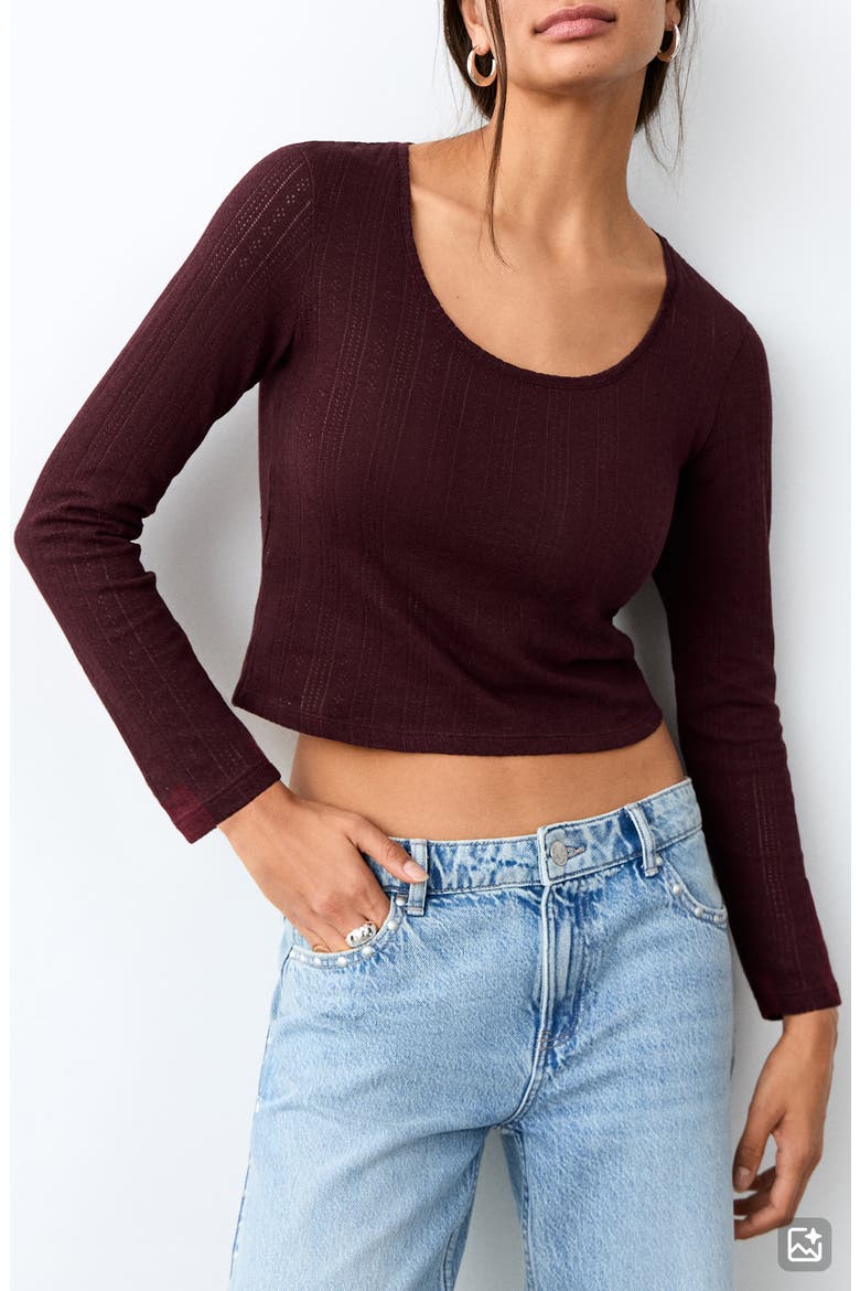 Pointelle Long Sleeve Crop T-Shirt, Main, color, BURGUNDY