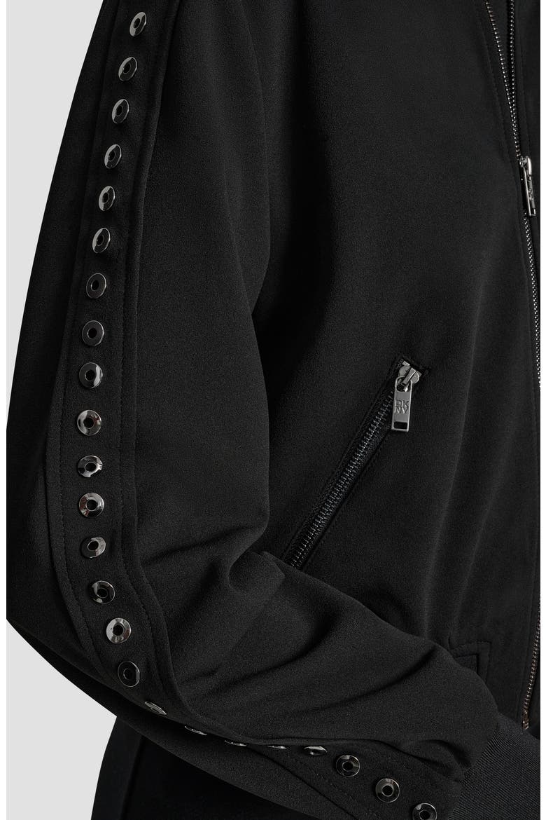 Grommet Trim Scuba Crepe Bomber Jacket, Alternate, color, BLACK