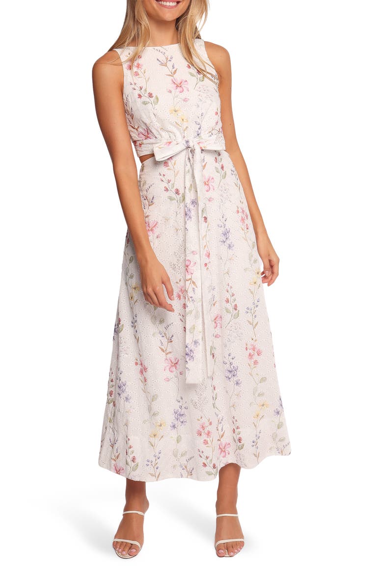Levin Floral Eyelet Cutout Midi Dress, Main, color, WHITE FLORAL