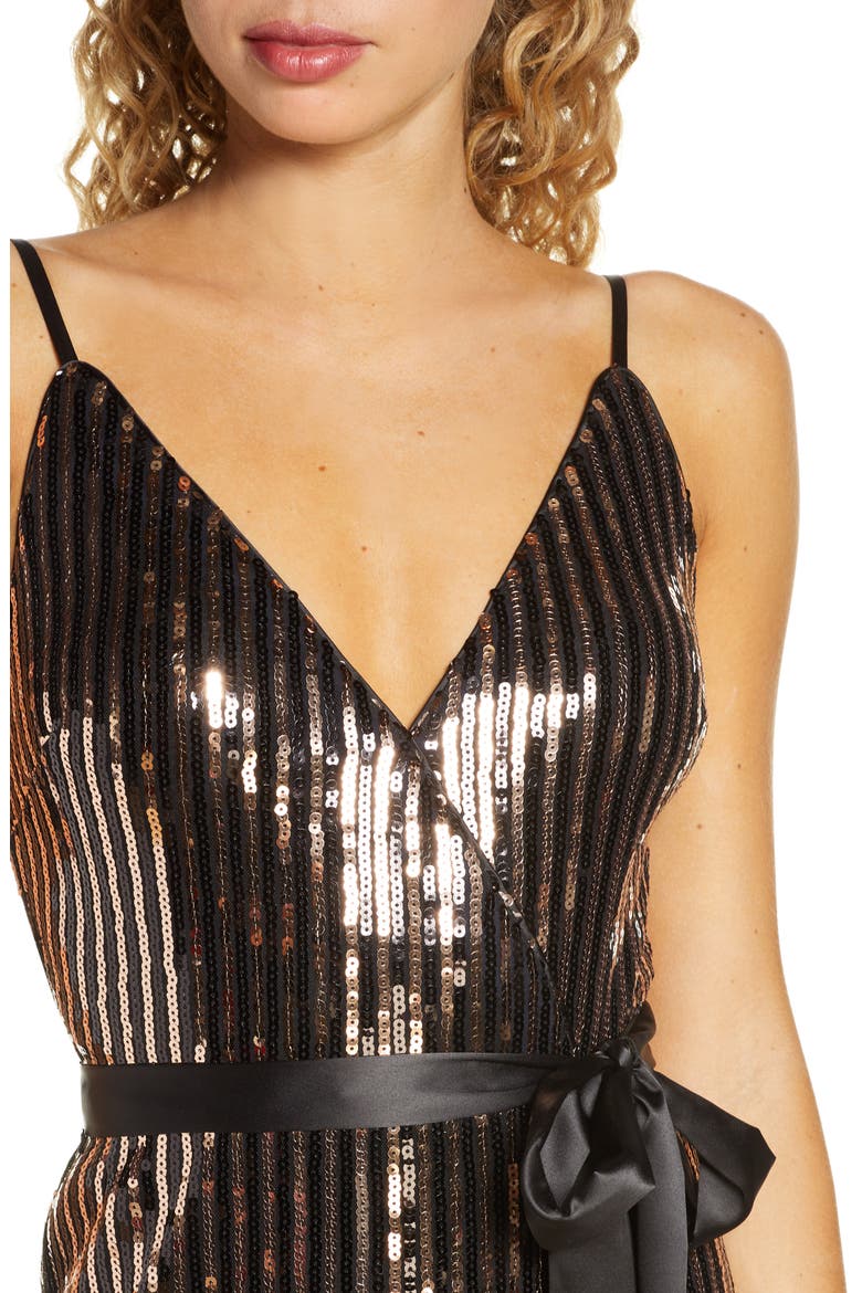 Sequin Stripe Faux Wrap Cocktail Dress, Alternate, color, BLACK- GOLD