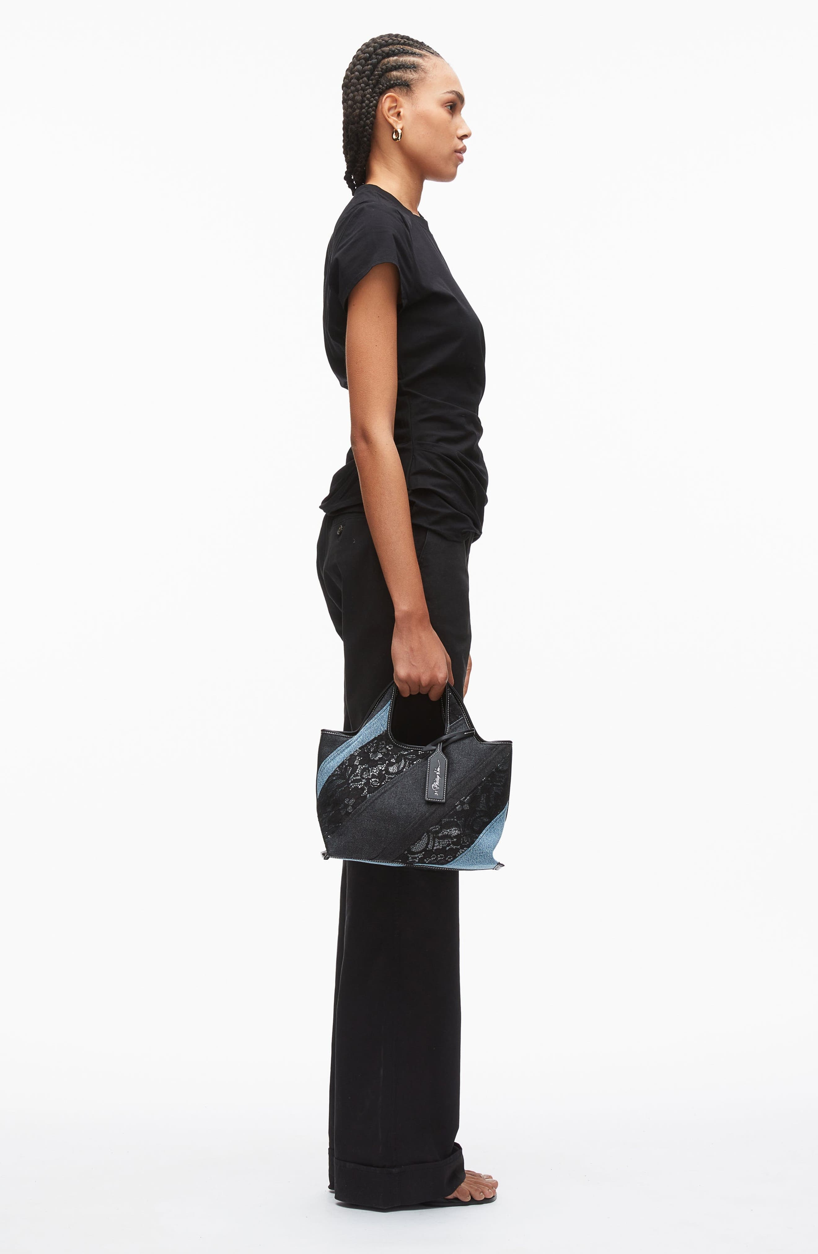 Lace Patchwork Mini Market Tote, Alternate, color, Black