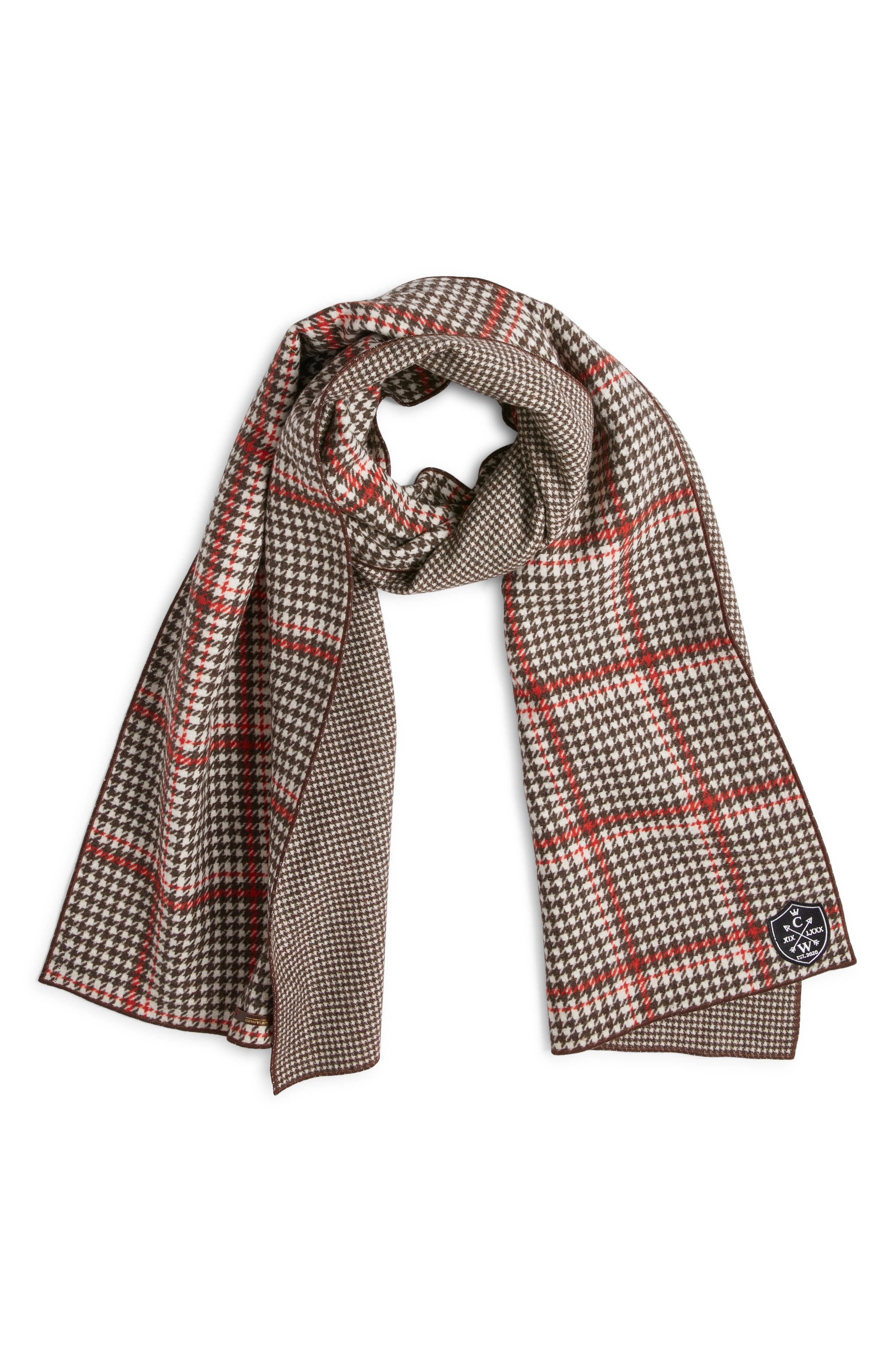 CLIFTON WILSON Houndstooth Check Double Face Wool Scarf in Brown 