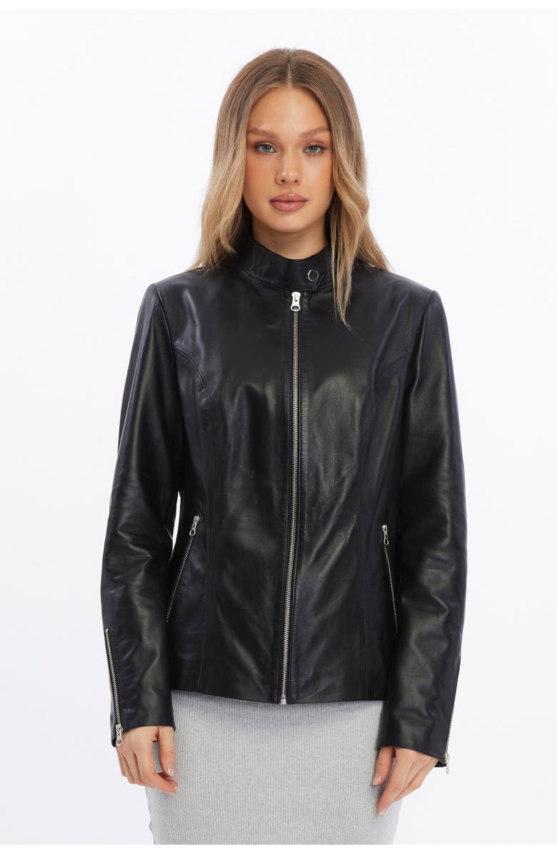 Furniq UK Elspeth Leather Jacket, Main, color, Black