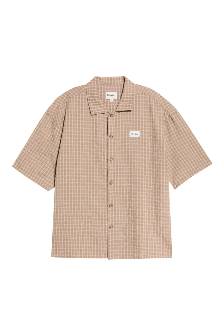 Frequency Check Short Sleeve Cotton Seersucker Button-Up Shirt, Main, color, CARAMEL