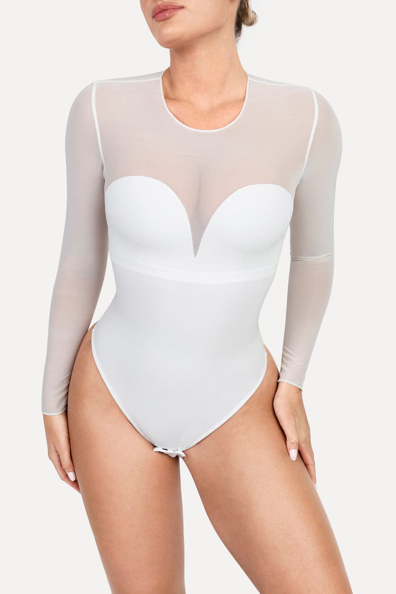 Sheer Mesh Sultry Date Night & Cocktail Long Sleeve Bodysuit, Alternate, color, Ivory