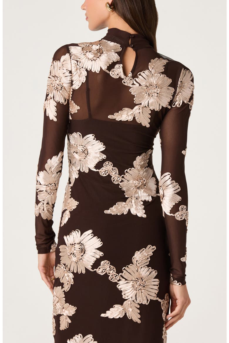 Florentine Floral Embroidered Mock Neck Midi Dress, Alternate, color, BROWN CREAM FLORAL