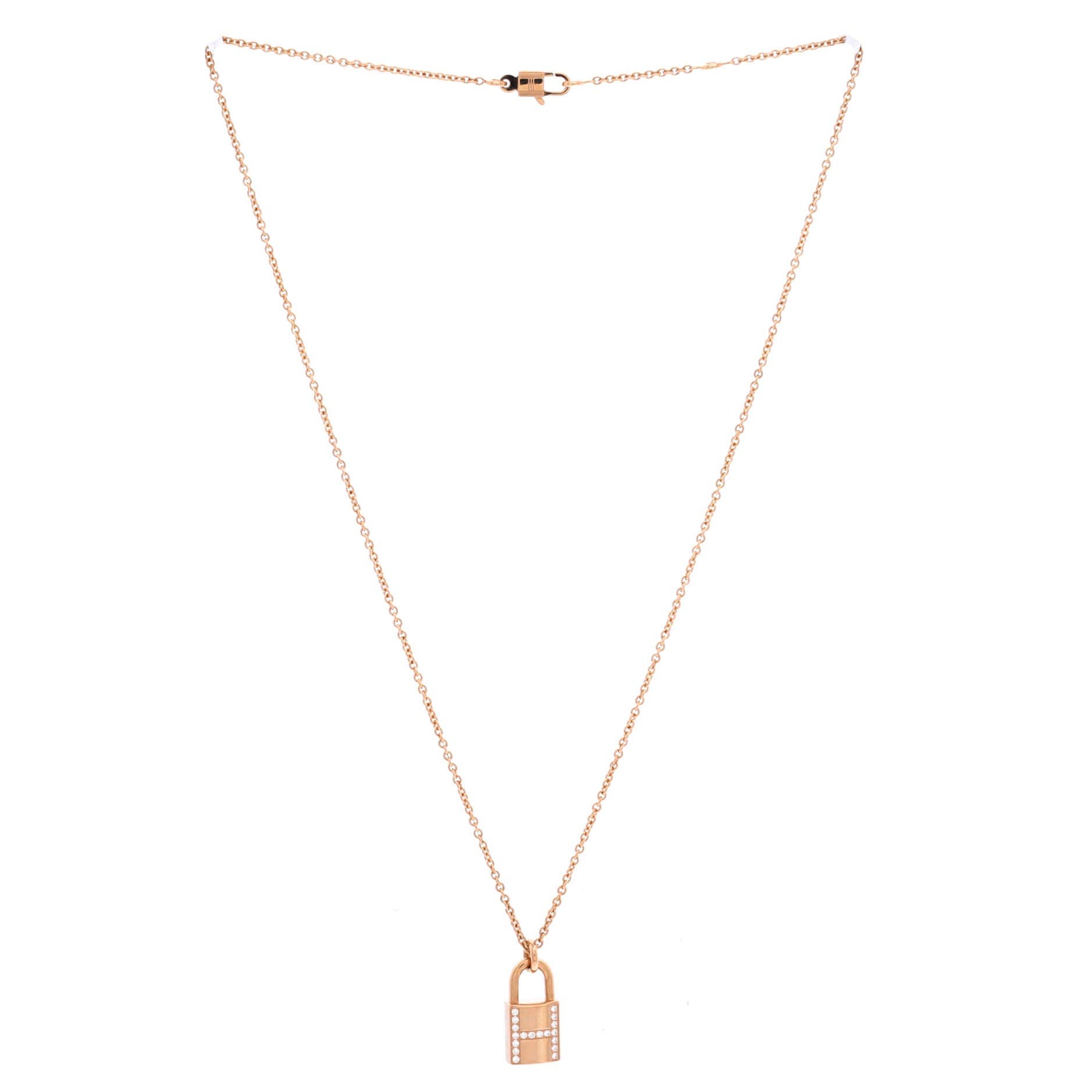 Pre-Owned Hermes Amulettes Cadenas Pendant Necklace 18K Rose Gold with Diamonds, Alternate, color, Rose Gold