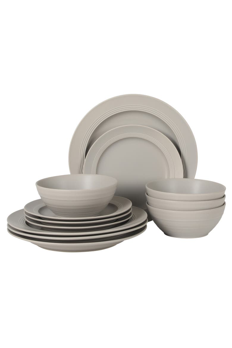 Soleil 12 Piece Stoneware Plates and Bowls Dinnerware Set, Main, color, Chateau Grey