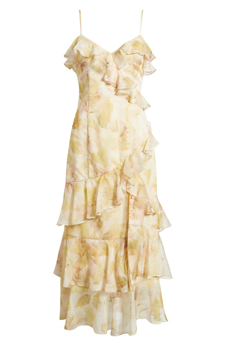 Lulus Tessia Ruffle Evening Dress, Alternate, color, Yellow Floral