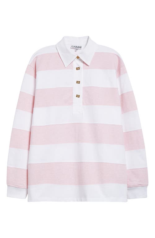 Ganni Striped Cotton Jersey Polo Sweater In Mauve Chalk