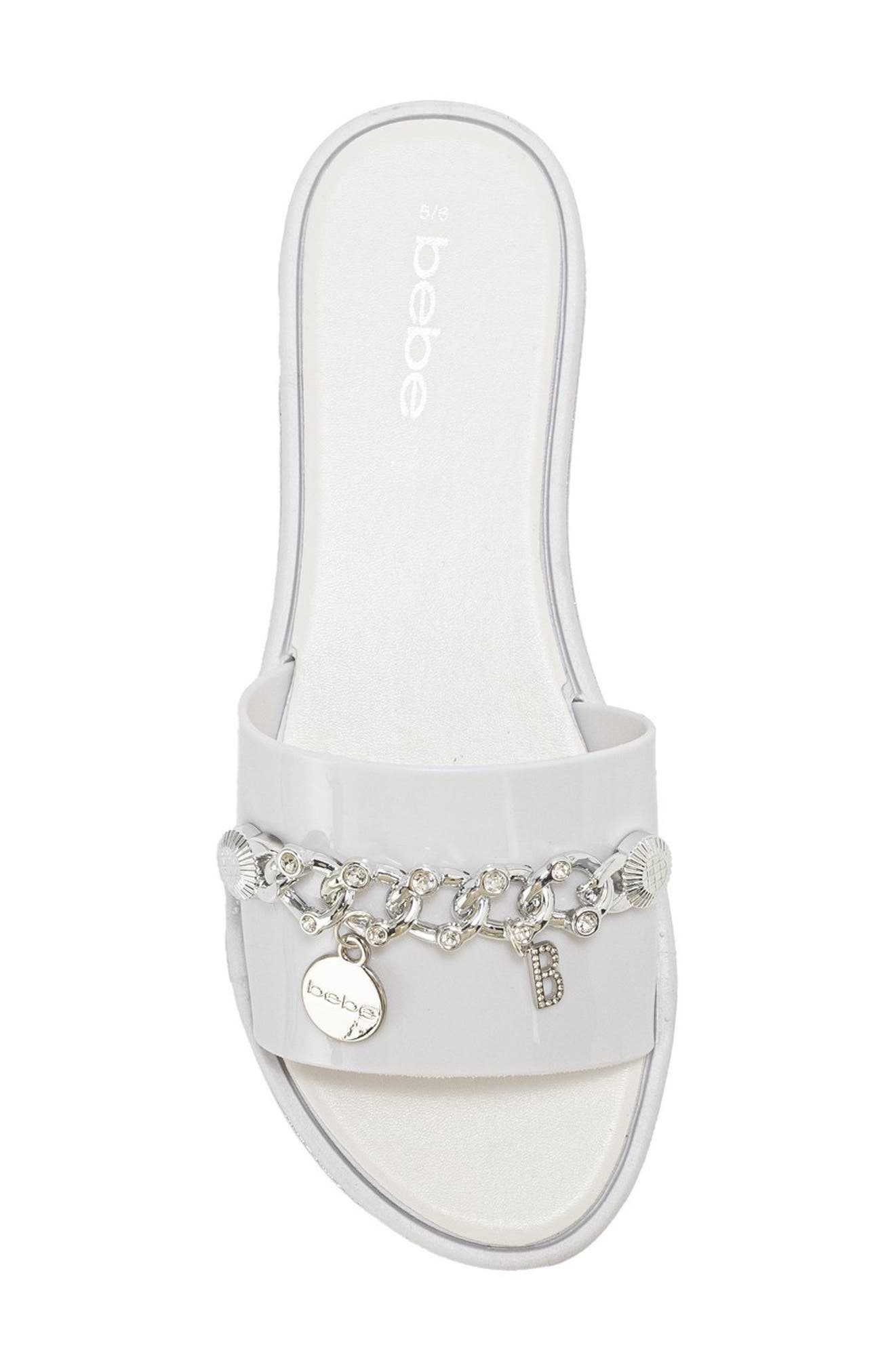 bebe Chain Charm Slide Sandal, Alternate, color, Metallic Silver