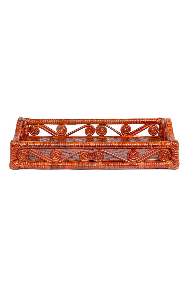 Baron Handcrafted Rattan/Wood Webbing Rectangular Woven Scroll Decorative Serving Tray with Handles, Alternate, color, Auburn