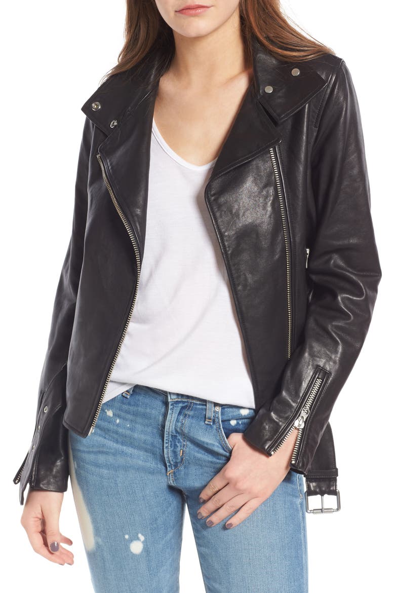 Miela-N Belted Leather Moto Jacket, Main, color, BLACK