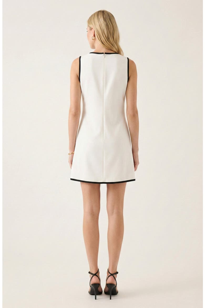 Sleeveless A-Line Mini Dress with Contrast Trim and Faux Pockets, Alternate, color, Off-white / Black