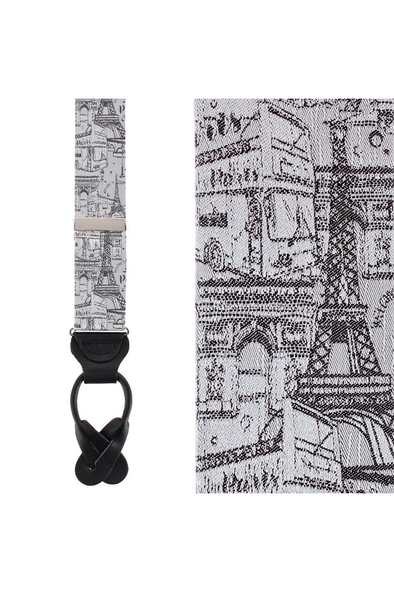 Paris Cityscape Escape Silk Novelty Button End Suspenders, Main, color, Silver