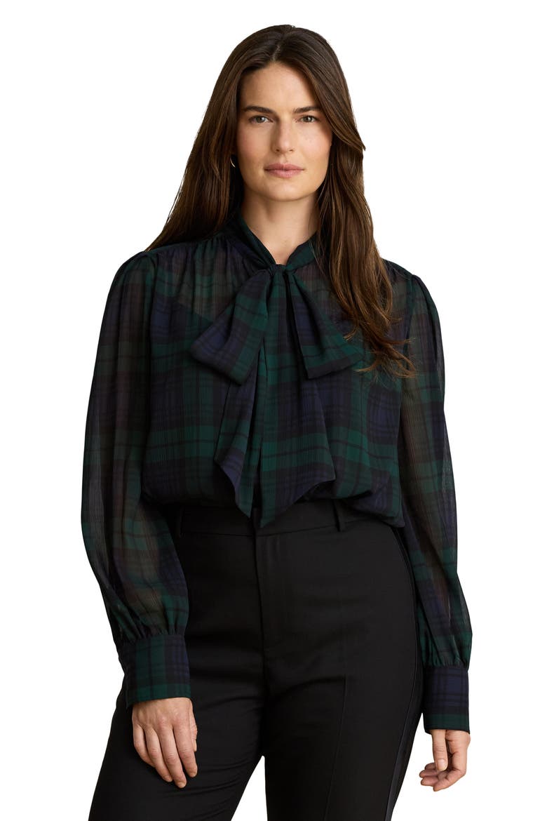 Plaid Long Sleeve Georgette Top, Alternate, color, NAVY BLUE