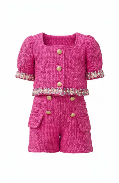 Girls Pint-Sized CEO Puff Sleeve Tweed Top and Short Set (Toddler, Little Kid & Big Kid)