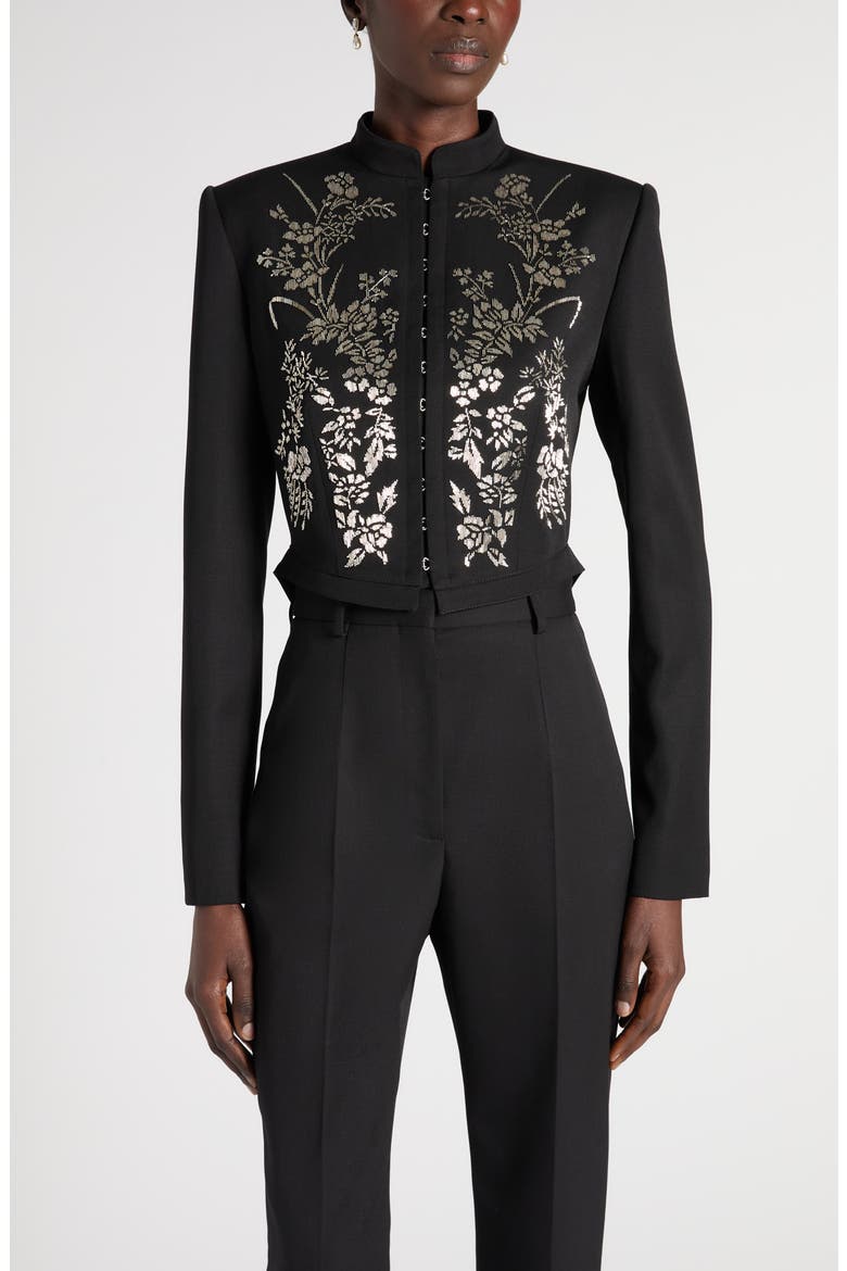 Beaded Floral Hook & Eye Wool Jacket, Main, color, BLACK