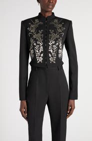 McQueen Beaded Floral Hook & Eye Wool Jacket