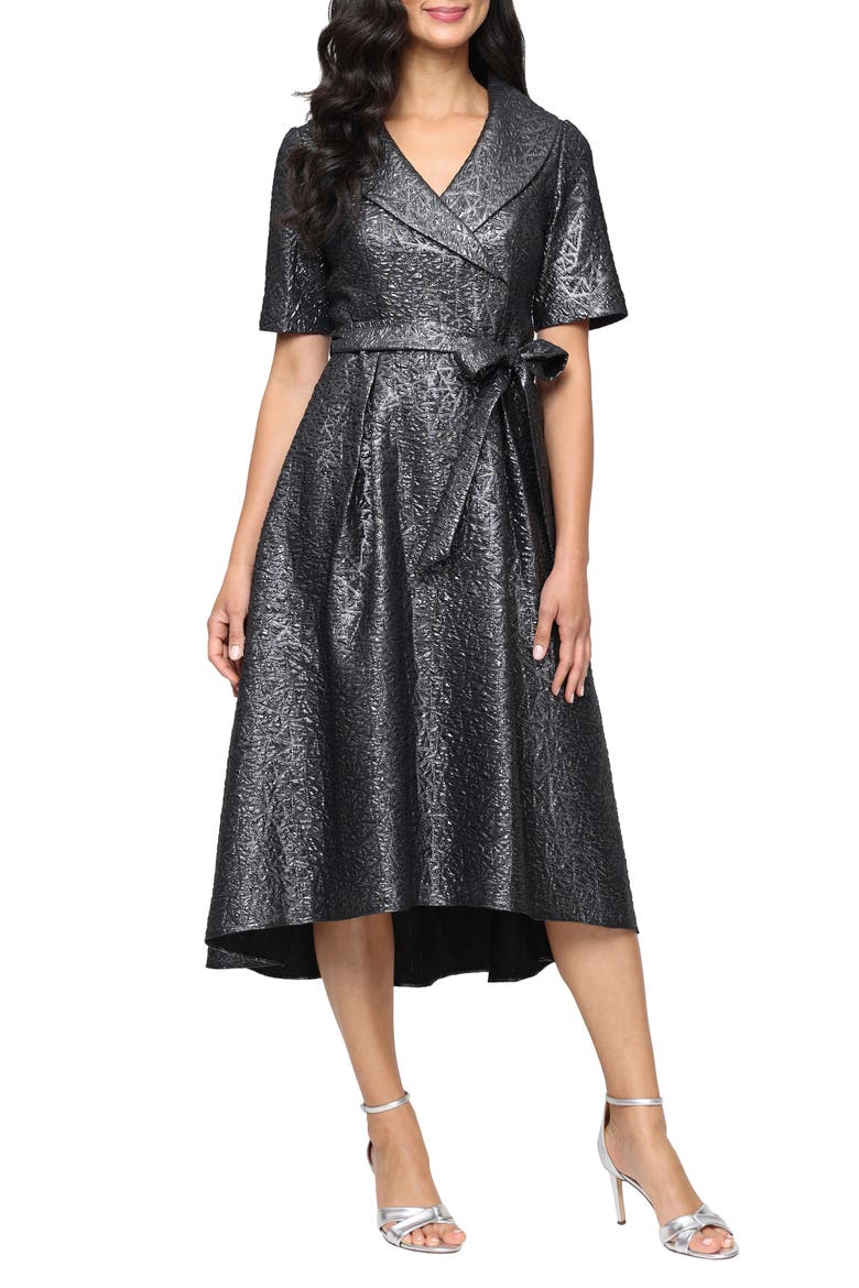 Faux Wrap Metallic Jacquard Cocktail Midi Dress, Main, color, GUNMETAL