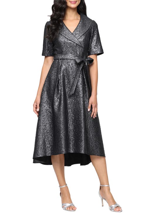 Faux Wrap Metallic Jacquard Cocktail Midi Dress