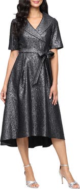 Alex Evenings Faux Wrap Metallic Jacquard Cocktail Midi Dress
