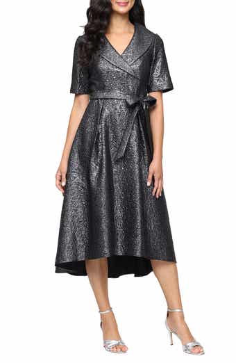 Alex Evenings Faux Wrap Metallic Jacquard Cocktail Midi Dress