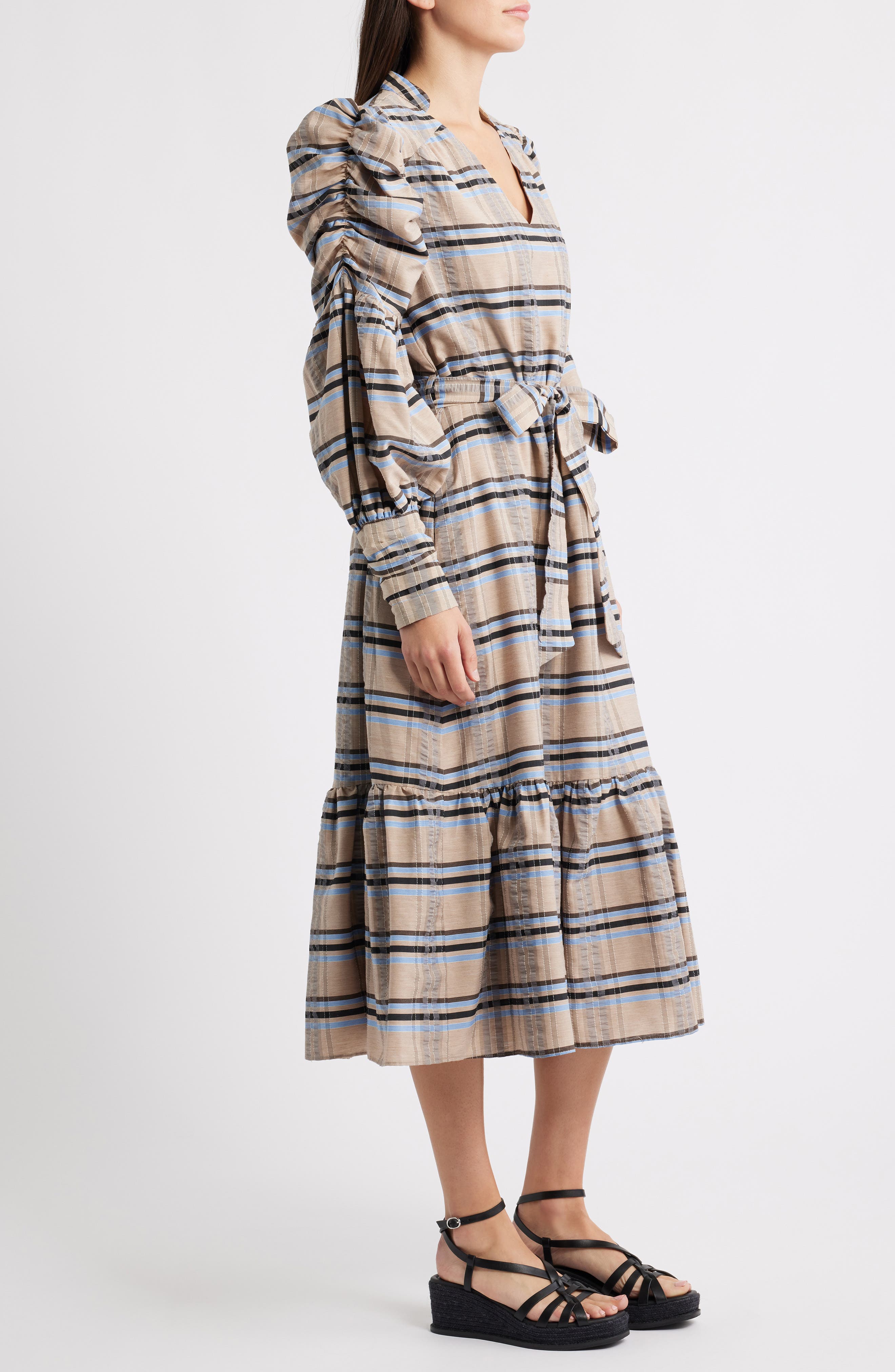 CIEBON Mariyah Long Sleeve Seersucker Midi Dress (Women) | Nordstrom