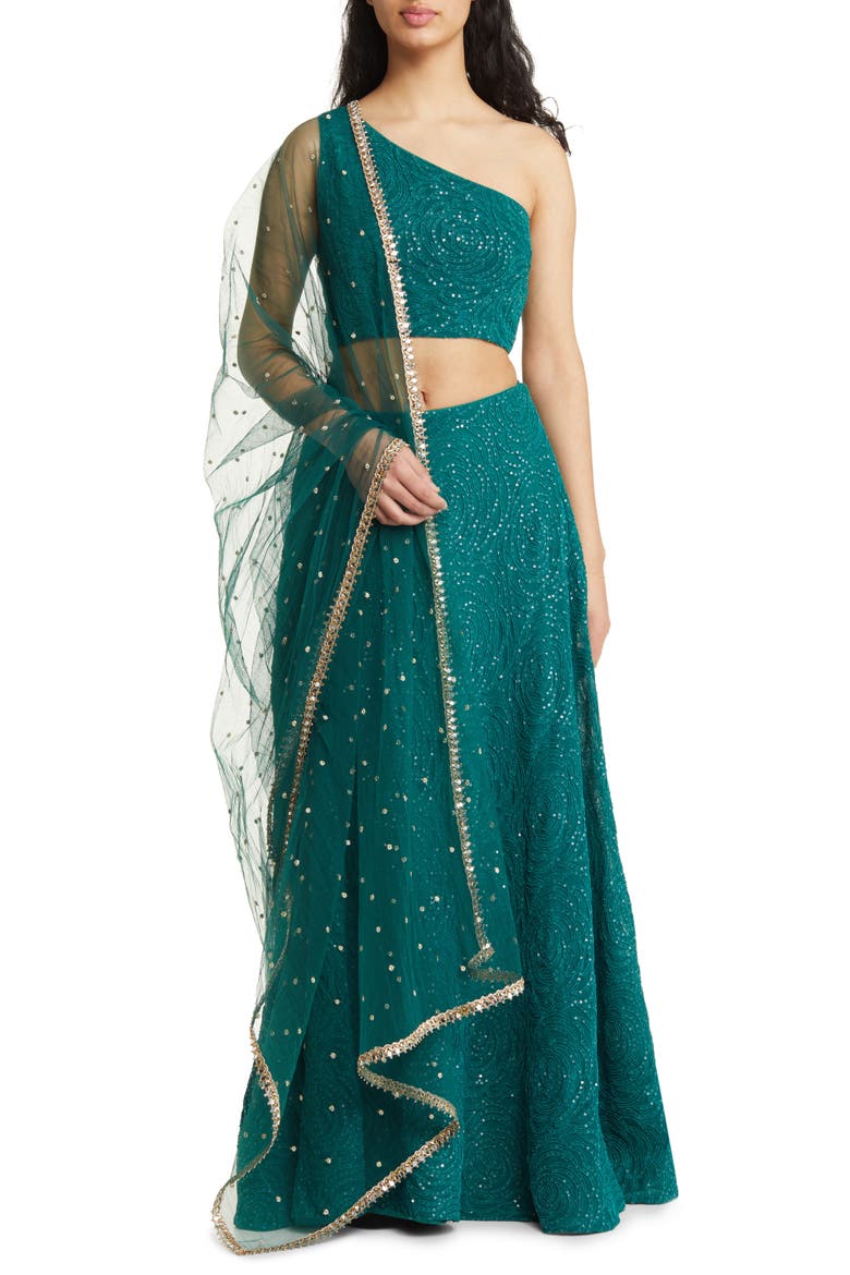Raz Floral Embroidered One-Shoulder Lehenga with Dupatta, Alternate, color, EMERALD
