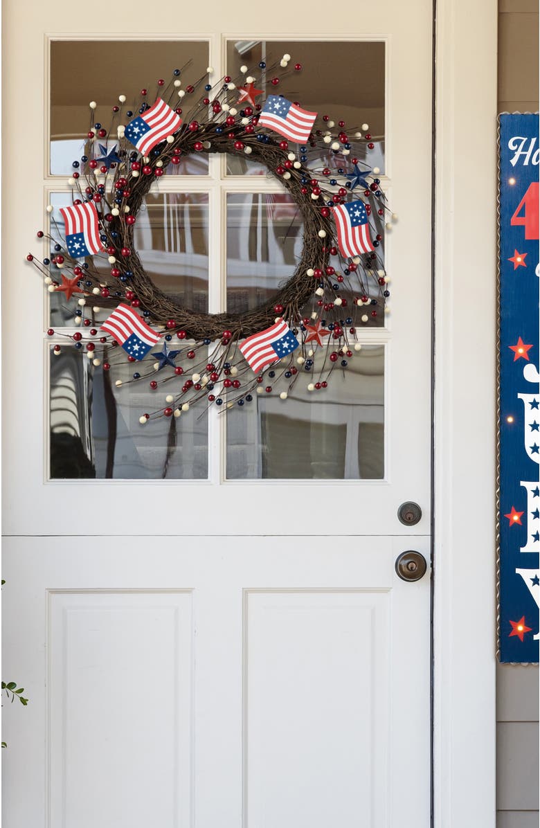 Glitzhome 22"D PatrioticAmericana Flag and Berry Wreath, Alternate, color, Blue