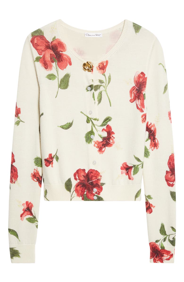Oscar de la Renta Hibiscus Print Virgin Wool Cardigan, Alternate, color, Ivory