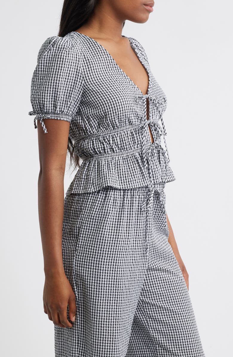 WAYF x Styled by COCO! Nina Gingham Seersucker Tie Front Top, Alternate, color, Black Seersucker