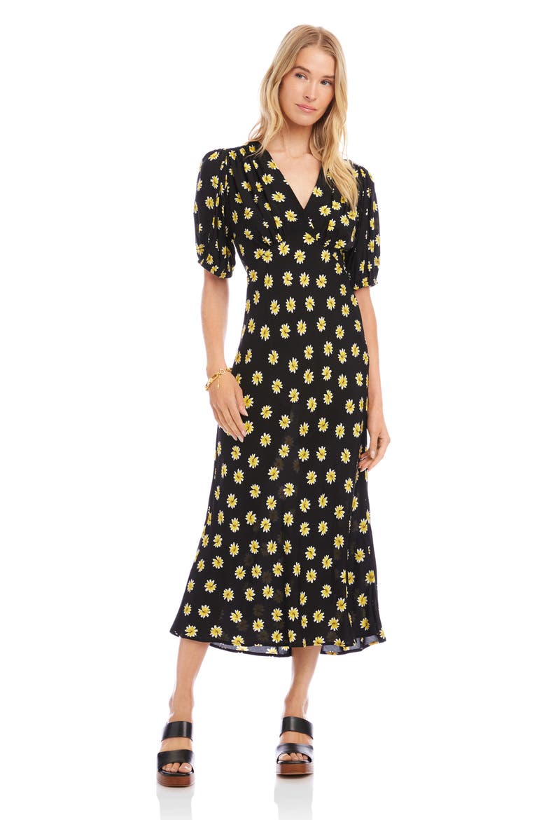Daisy Print Puff Sleeve Midi Dress, Alternate, color, BLACK PRINT