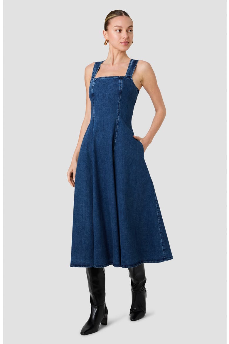 Delancy Sleeveless Fit & Flare Denim Midi Dress, Alternate, color, DARK INDIGO