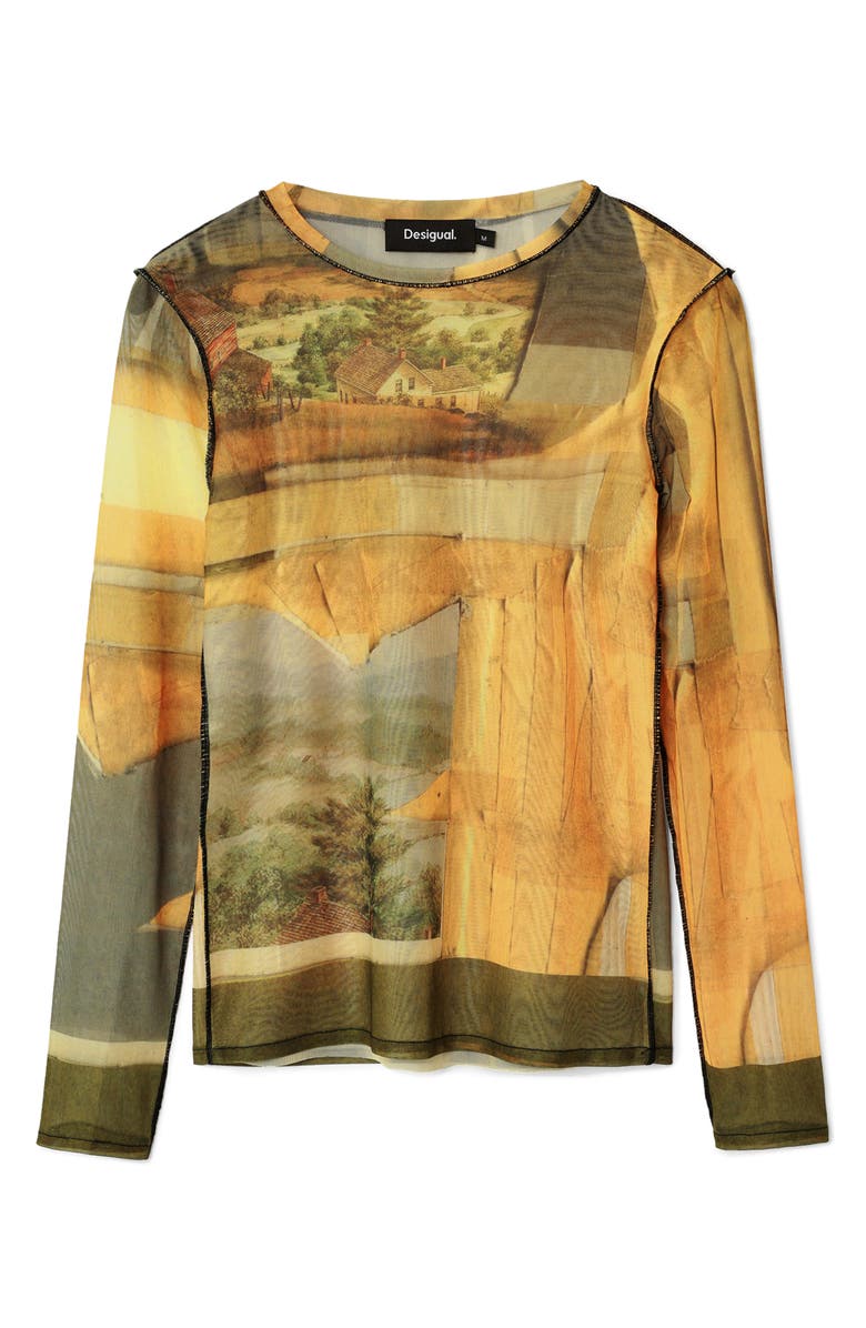 Desigual Love Life Long Sleeve Mesh T-Shirt, Alternate, color, Yellow