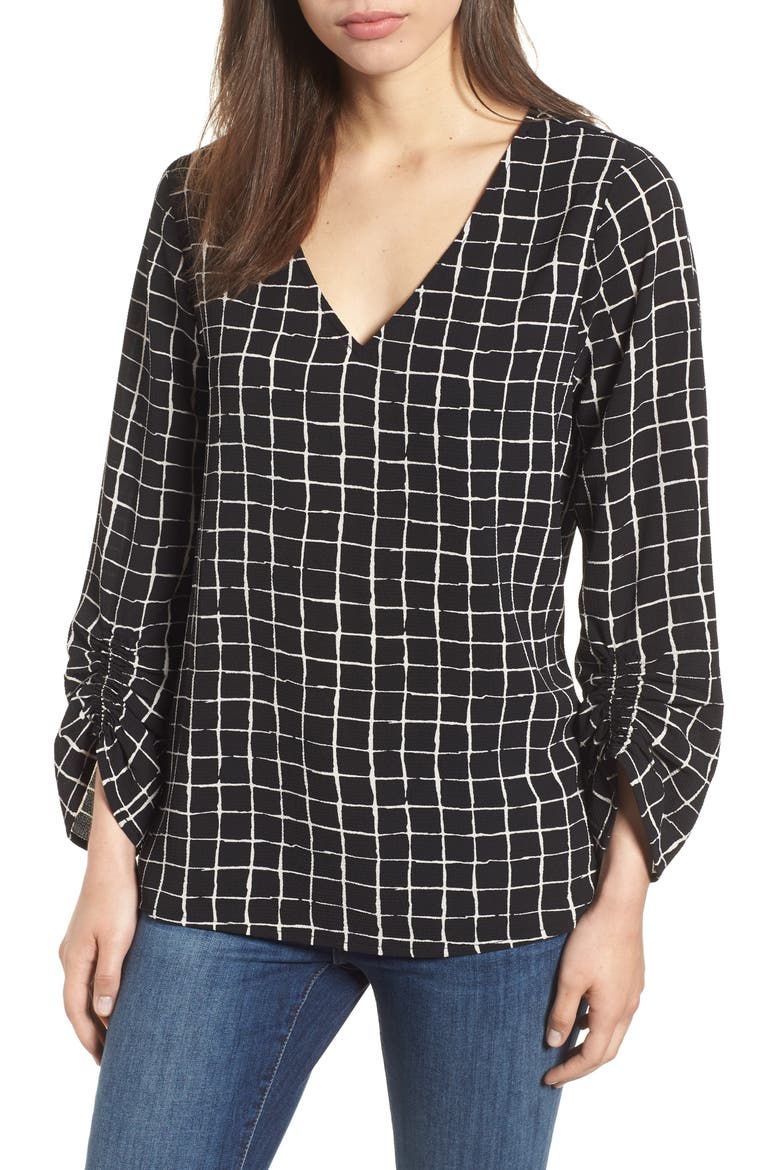 Ruched Sleeve Stretch Crepe Blouse, Main, color, BLACK AND WHITE