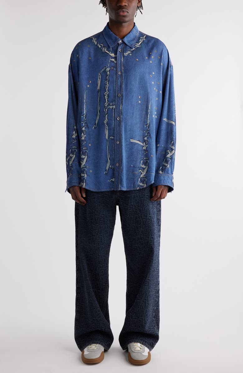 Acne Studios Trompe l'Oeil Repaired & Embellished Button-Up Shirt, Alternate, color, Navy Multi