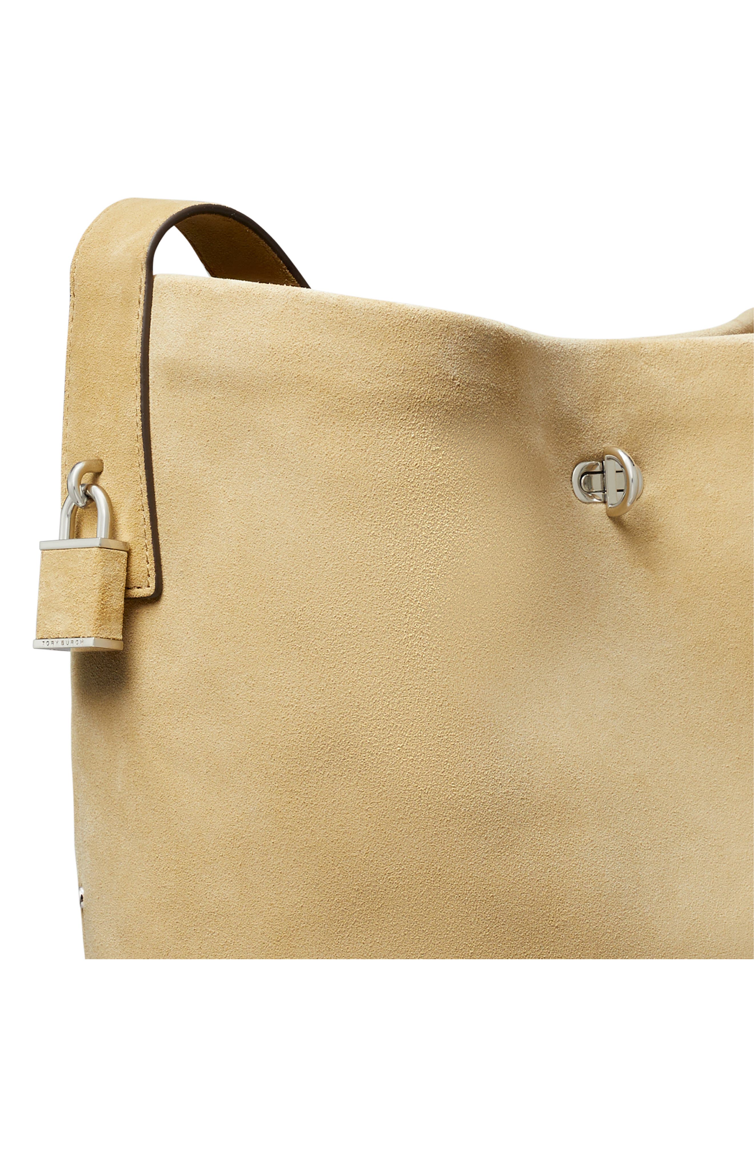 Lock T Monogram Crochet Slim Suede Shoulder Bag, Alternate, color, BUTTER