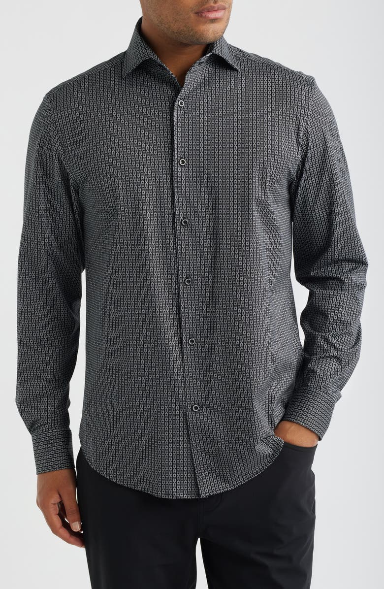 Bugatchi Devon OoohCotton<sup>®</sup> Geometric Button-Up Shirt, Main, color, Black