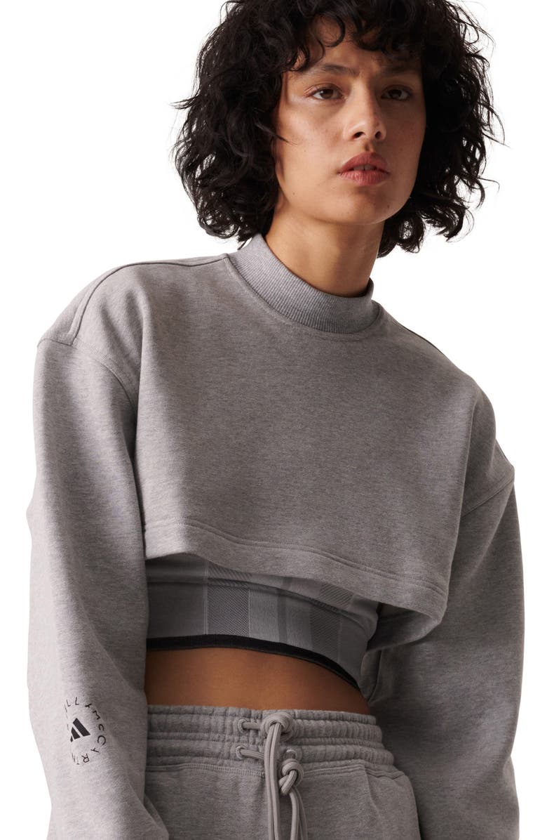 adidas by Stella McCartney TrueCasuals Organic Cotton Mock Neck Open Back Crop Sweatshirt, Alternate, color, Medium Grey Heather