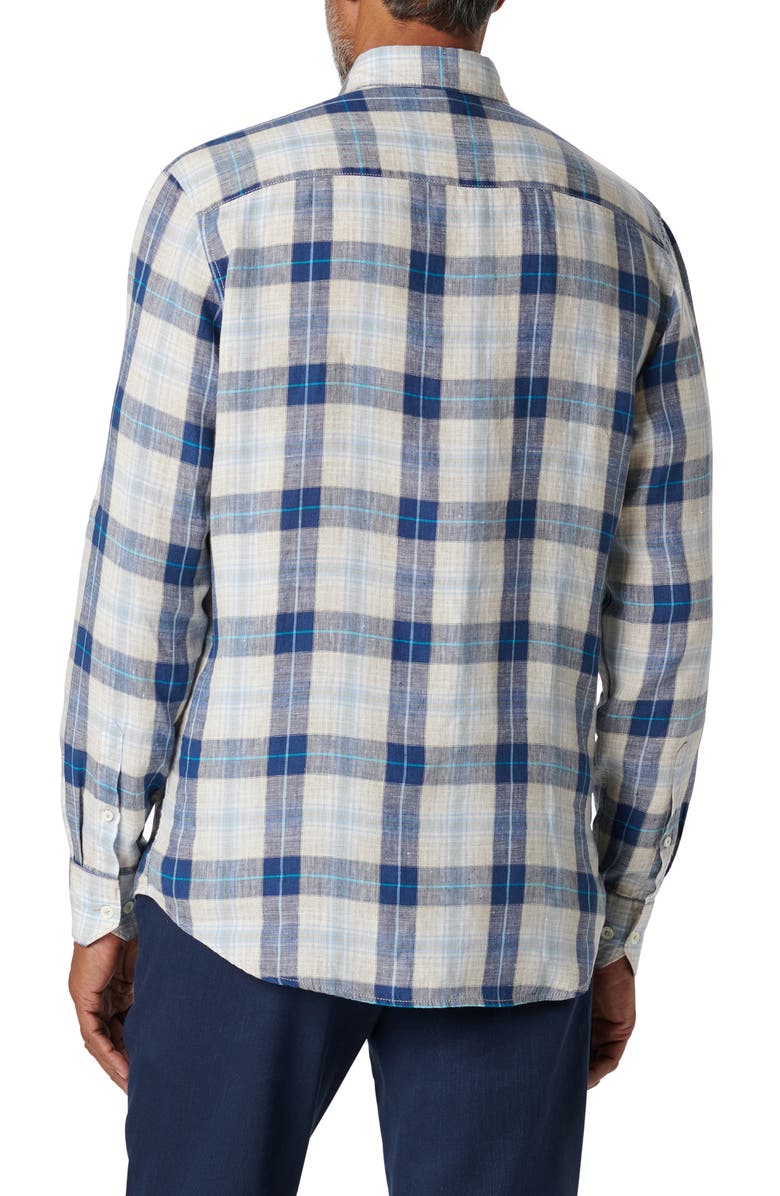Bugatchi Julian Shaped Fit Plaid Linen Button-Up Shirt, Alternate, color, Sand
