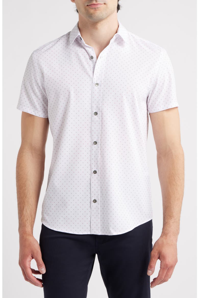 Trim Fit Hashtag Print Short Sleeve Performance Button-Up Shirt, Main, color, PINK