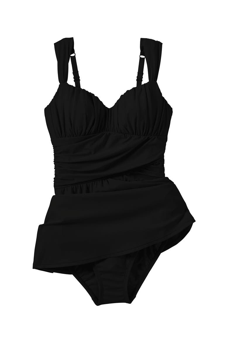 Slender Lite Sweetheart Shirred Swim Dress, Alternate, color, Black