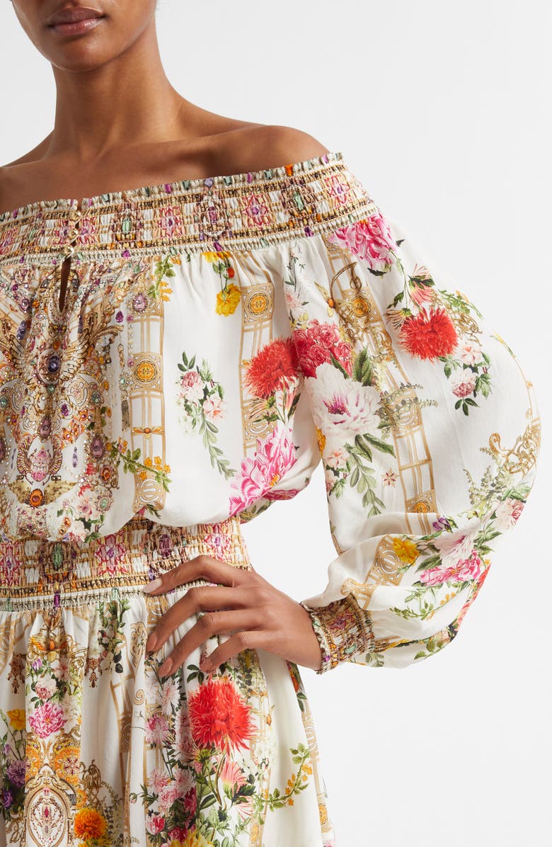Camilla Egyptian Rose Print Off the Shoulder Long Sleeve Silk Crepe Minidress, Alternate, color, 