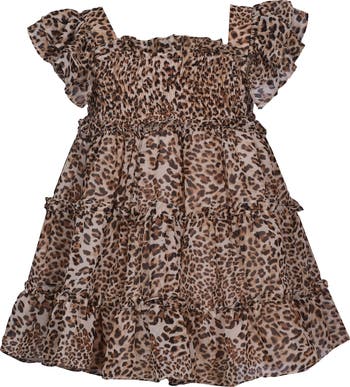 Smocked Leopard Print Tiered Dress