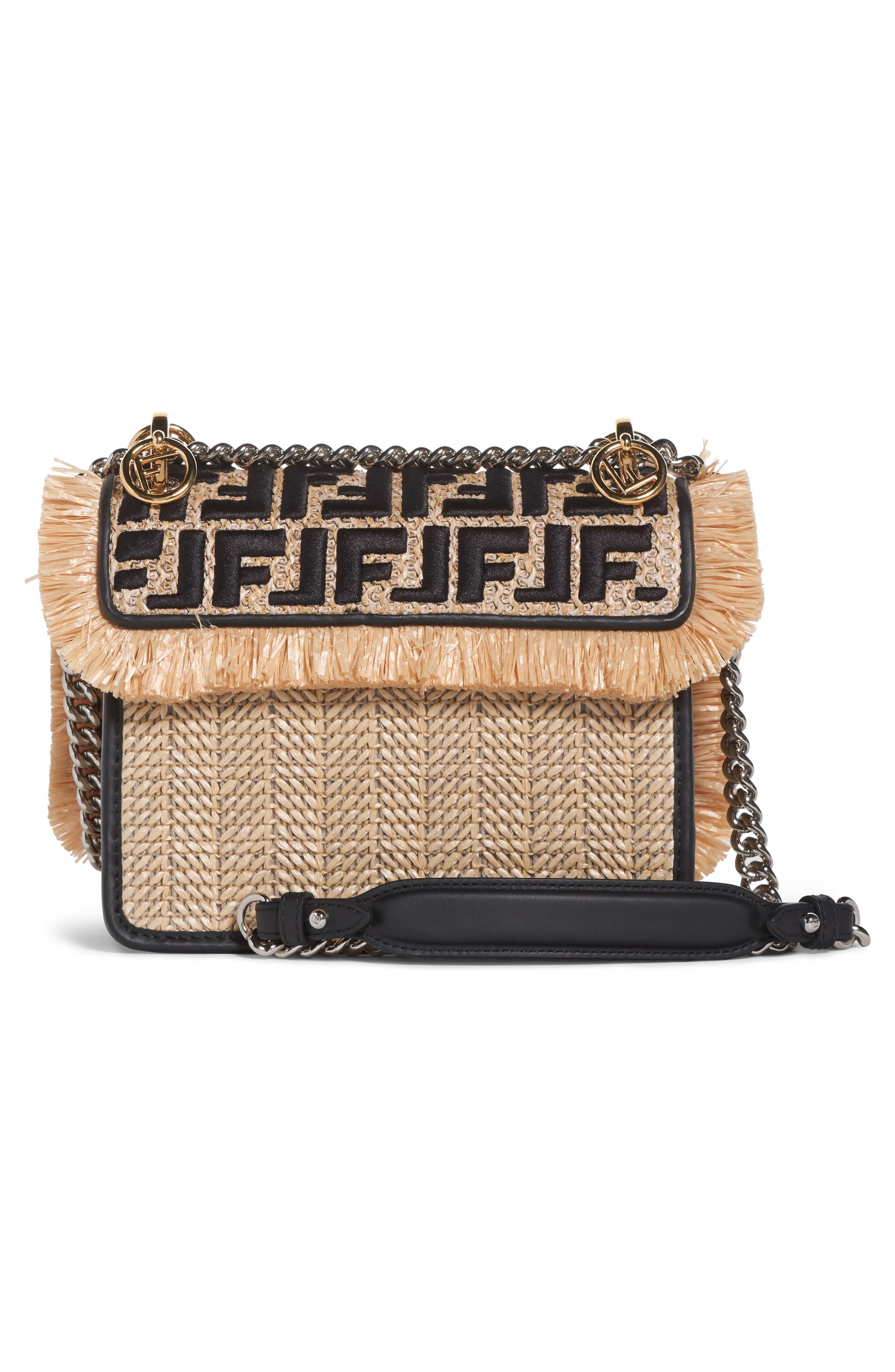 Fendi Kan I Raffia & Leather Small Shoulder Bag, Alternate, color, 